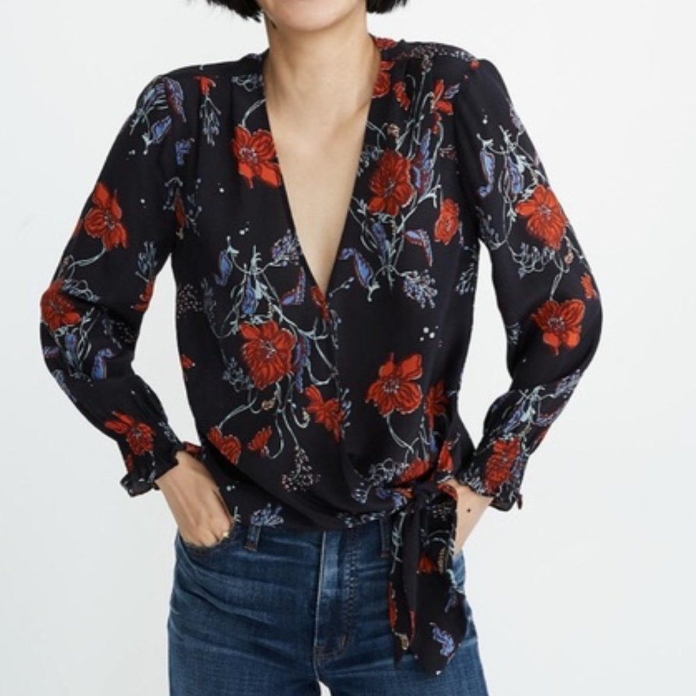 Madewell Silk Floral Smocked Sleeve Wrap Top Size S